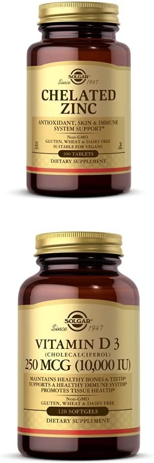 Solgar Chelated Zinc 100 Tablets - Zinc for Healthy Skin + Solgar Vitamin D3 (Cholecalciferol) 250 MCG (10000 IU) 120 Softgels - Immune System Support