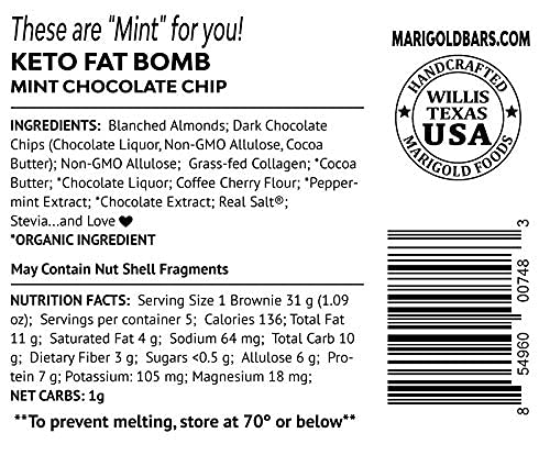 MariGold Keto Fat Bombs Snacks - Mint Chocolate Chip - Low Carb Collagen Rich Organic Cocoa Butter Dark Chocolate Organic Peppermint Gluten-Free Non-GMO (3 bag 5 Servings Each) No Weird Aftert