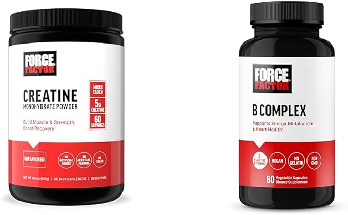 Force Factor Creatine Powder 60 Servings and Vitamin B Complex 60 Capsules Bundle for Muscle Gain Strength Energy and Faster Recovery
