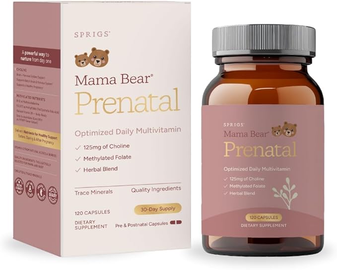 SPRIGS Mama Bear Prenatal Gold Multivitamin with Methylated Folate &amp Choline Easy to Digest Prenatal Vitamins for Women Clean Herbal Blend Pregnancy Support Supplement 120 Capsules