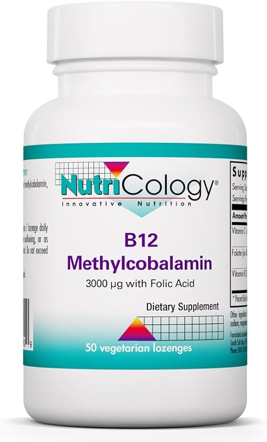 Allergy Research Group Nutricology B12 Methylcobalamin Supplement - Vitamin B12 and Folate with 400mcg Folic Acid Pure Vegetarian Lozenges - 50 Count