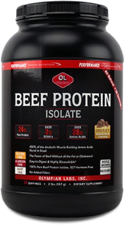 Olympian Labs Beef Protein Isolate Powder 24g Protein BST Free 2 Grams BCAA's Muscle Building Amino Acids 32 Ounces Flavored with Real Chocolate
