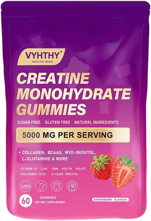 Creatine Monohydrate Gummies – with Collagen BCAAs L-Glutamine Biotin Zinc Vitamin D3 &amp Hyaluronic Acid – Daily Pre &amp Post Workout Recovery Sugar-Free (60 Gummies)