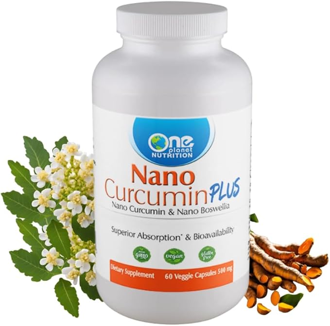 One Planet Nutrition Nano Curcumin Plus Capsules - 500 mg (60 Count) - Nano Particle Size Turmeric &amp Boswellia for High Absorption - Supports Overall Health - Gluten Free Non GMO Vegan