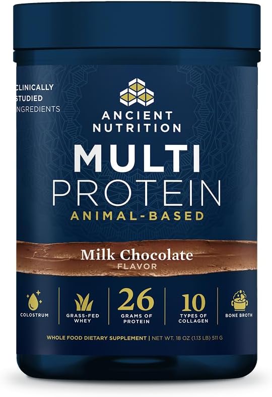 Ancient Nutrition Multi Protein Animal Based Powder 26g Protein Grass Fed Whey Bone Broth Collagen Peptides Colostrum &amp Probiotics Supports Joint &amp Gut Health Milk Chocolate 15 Serving