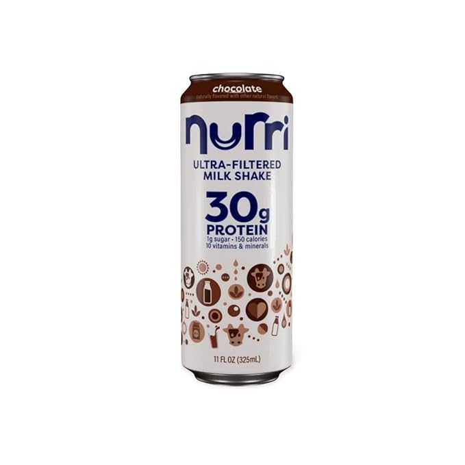 5-Chocolate and 4-Vanilla-nurri. Ultra-Filtered Milk Shake 30g Protein 1g Sugar 150 Calories 10 Vitamins and Minerals Per Can | 9-11 Fl Oz Cans Per Package Grade A Lactose-Free