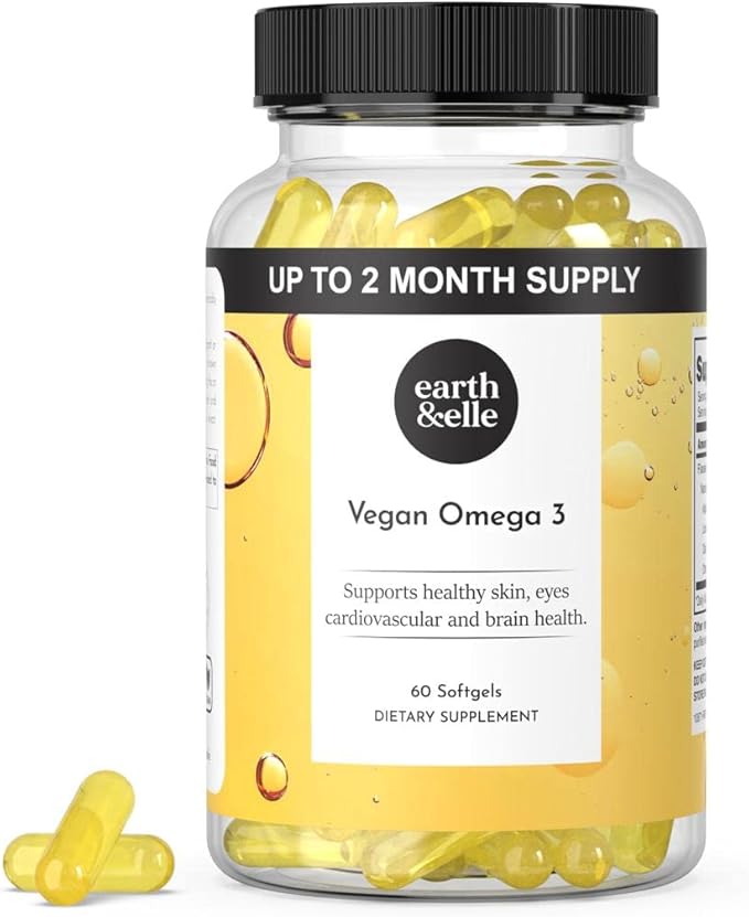 Earth &amp Elle Algae Omega 3 Supplement - Vegan Omega 3 - Omega 3 Vegan Supplement w/Algae Oil &amp Vegan DHA - Helps Support Heart &amp Brain Health 1000 mg Per Serving - No Fishy Aftertaste 60 S