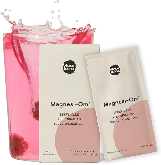 Moon Juice Magnesi-Om Magnesium Powder Supplement - Chelated Magnesium Complex + L-Theanine Blend for Rest Relaxation &amp Regularity - Vegan Non-GMO &amp No Sugar Berry Sticks 0.14 oz 18 Servi