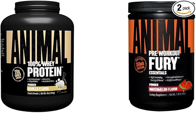 Animal 100% Whey Protein Powder Vanilla 4lb Bundle Fury Pre Workout Powder Supplement Watermelon 16.96oz