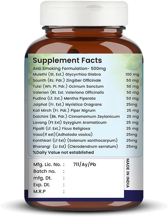 NicoShield | Ayurvedic Herbal Supplement to Support Smoking Cessation | Herbal Support for Quit Smoking | 10+ Ingredients in 60 Veg Capsules
