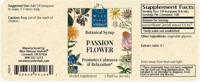 Wise Woman Herbals Passionflower Botanical Syrup (Formerly Solid Extract) 4:1 Alcohol-Free Extra Strength Sleep Aid Eases Tension Supports Calm Mood &amp Restful Sleep Pure Non-GMO 4 Fl Oz