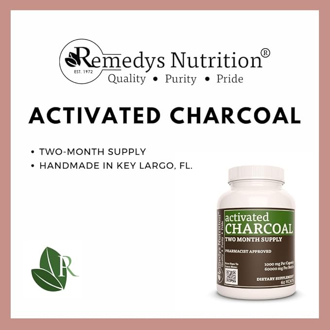 Remedy's nutrition Activated Charcoal | 1000 mg 60 Vegan Capsules Dietary Supplement