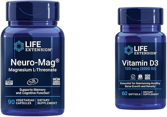 Life Extension Neuro-mag Magnesium L-threonate and Vitamin D3 Supplement Bundle for Brain Bone and Immune Health
