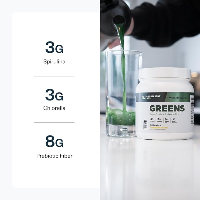 Transparent Labs Prebiotic Greens - Superfood Powder &amp Antioxidants Supplement with Organic Spirulina Chloerra Acacia &amp Green Banana Powder - 30 Servings Peach Mango