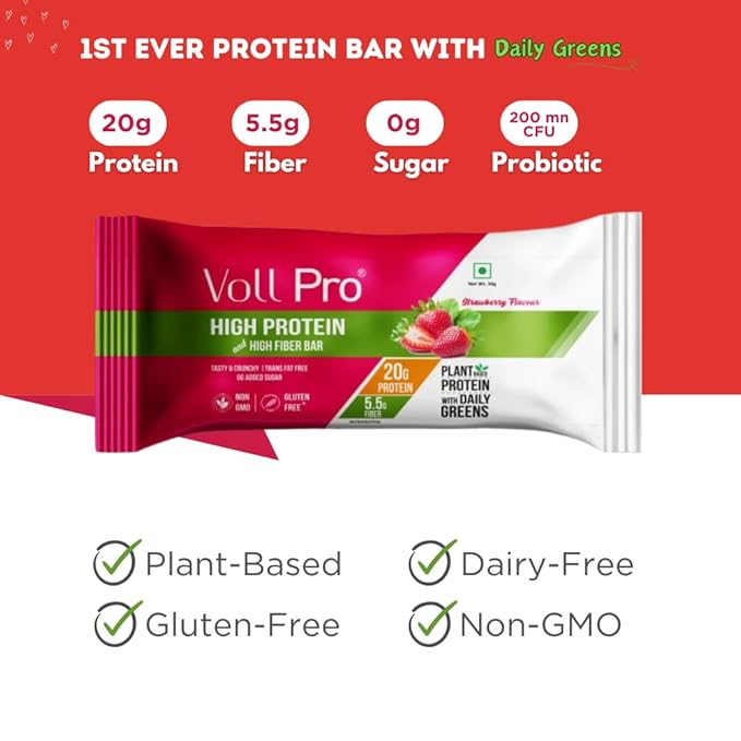 Voll Pro Plant Protein Bar with Daily Greens - High Protein 20g Fiber 5.5g 0g Sugar - Strawberry Flavour- Non-GMO- Gluten &amp Trans Fat Free-Crunchy Delicious Nutrient-Rich Protein Bars(50g X 12