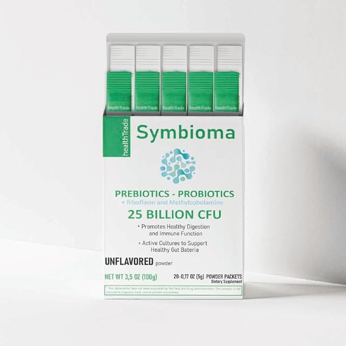 Prebiotic Probiotic Powder 25 Billion CFU Sugar-Free Unflavored 20 Packets with B12 and B2 Vitamins Digestive and Immune Support Supplement