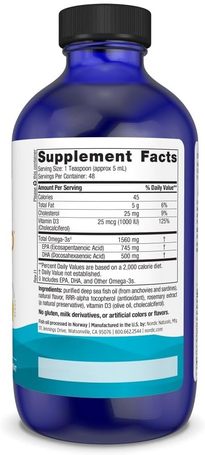 Nordic Naturals Omega-3D Lemon Flavor - 8 oz - 1560 mg Omega-3 + 1000 IU Vitamin D3 - Fish Oil - EPA &amp DHA - Immune Support Brain &amp Heart Health Healthy Bones - Non-GMO - 48 Servings
