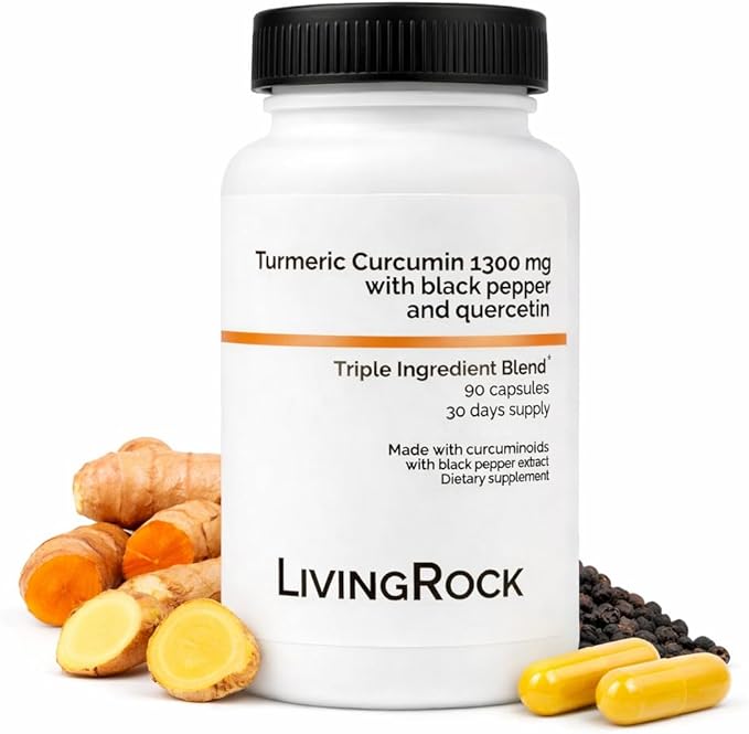 LivingRock Turmeric Curcumin 1300mg Triple Blend Formula with Ginger Black Pepper Quercetin Vitamin E &amp D3 Plant-Sourced Multi-Ingredient Complex 90 Vegan Capsules 30-Day Supply