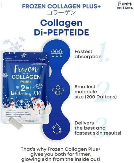 Frozen Collagen Plus+ 2-in-1 Marine Supplement - 100mg Collagen Peptide 100mg Collagen Dipeptide &amp 50mg L-Glutathione per Capsule for Skin Radiance - 120 Capsules (2-Pack)