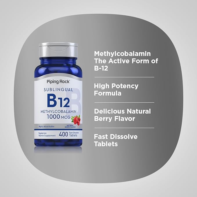 Piping Rock Vitamin B12 Sublingual Tablets | 1000 mcg | 400 Pills | Methylcobalamin Supplement for Women and Men | Berry Flavor | Vegetarian Non-GMO Gluten Free