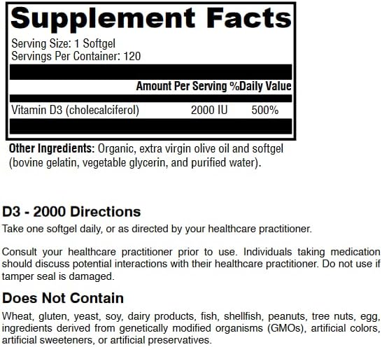 HormoneSynergy D3-2000 | 120 Softgels | Convenient Form of Bioidentical Vitamin D | Vitamin D3 (cholecalciferol) 2000 IU 500%
