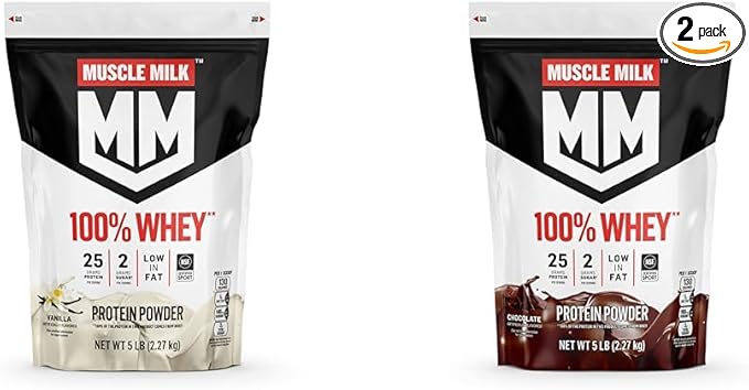Muscle Milk 100% Whey Protein Powder Vanilla &amp Chocolate 5 Pound Each 68 &amp 66 Servings 25g Protein 2g Sugar Low Fat NSF Certified for Sport