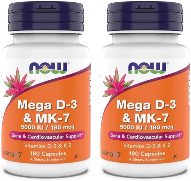 Now Supplements Mega D-3 &amp MK-7 5000 IU / 180 mcg Bone &amp Cardiovascular Support* Vitamins K-3 &amp K-2 180 Capsules (Pack of 2)