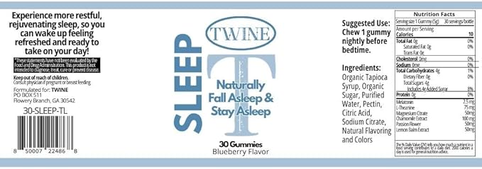 TWINE Sleep Gummies with Melatonin L-Theanine Magnesium Citrate Passionflower Chamomile and Lemon Balm 30pcs-Blueberry Flavor