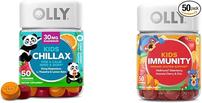 OLLY Kids Chillax Magnesium Gummies Plus L-Theanine Lemon Balm &amp Kids Immunity Gummy Immune Support Wellmune Elderberry Vitamin C Zinc Chewable Supplement Cherry - 50 Count