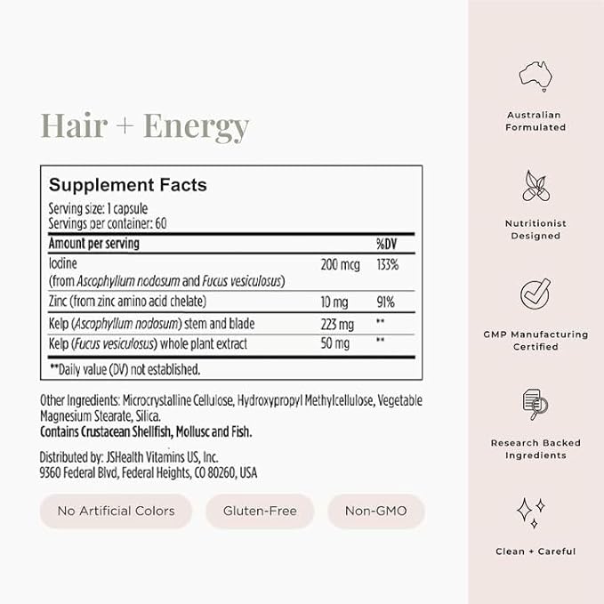 JSHealth Hair Growth Vitamins for Women. Hair + Energy with Kelp Iodine and Zinc. Supports Thickness Strength Energy. Nutritionist-Formulated (60 Capsules)