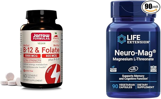 Jarrow Formulas Ultra Strength Methyl B-12 5000 mcg &amp Methyl Folate 800 mcg + P-5-P &amp Life Extension Neuro-mag Magnesium L-threonate Magnesium L-threonate Brain Health Memory &amp Attentio