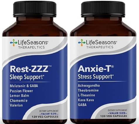 LifeSeasons Anxie-T with Rest-ZZZ - Supports Mood &amp Mental Focus - Feel Calm and Relaxed - Eases Tension &amp Nervousness - Ashwagandha Kava Kava GABA &amp L-Theanine - 240 Capsules