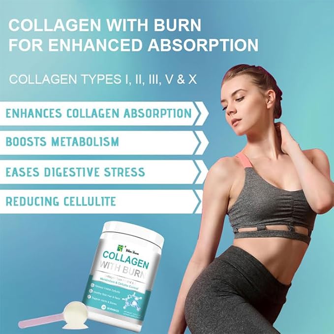Multi Collagen Burn Powder–Metabolism&ampBody Composition Support–Types I/II/III/V/X–L-Carnitine+Green Tea Extract–Skin Joints&ampMuscle Support–30 Servings