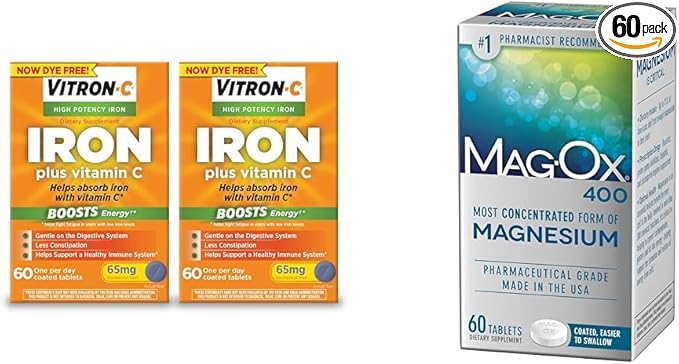 Vitron-C Iron Supplement Plus Vitamin C 60 Count 2 Pack Bundle with Mag-Ox 400 Magnesium Mineral Dietary Supplement Tablets 60 Count