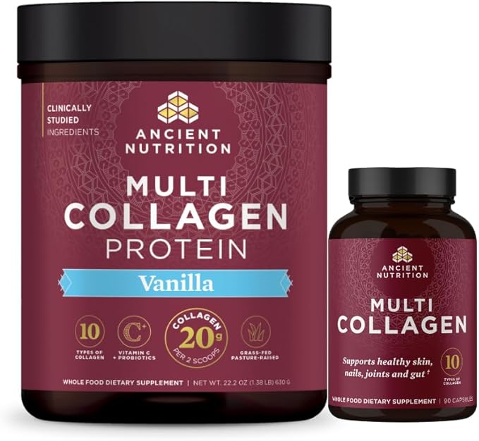 Ancient Nutrition Multi Collagen Capsules 90 Count + Multi Collagen Protein Powder Vanilla 60 Servings