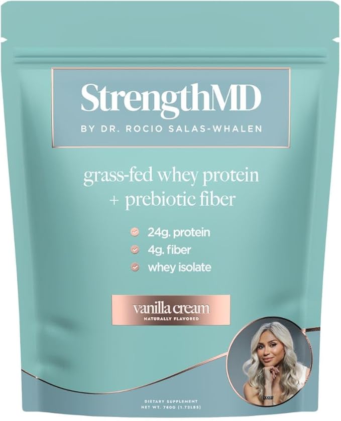 StrengthMD Physician Formulated Protein + Fiber Shake for GLP-1 Support | 24g Protein Grass-Fed Whey 4g Fiber &amp Digestive Enzymes Low Carb No Added Sugar Vanilla 1.72 lb