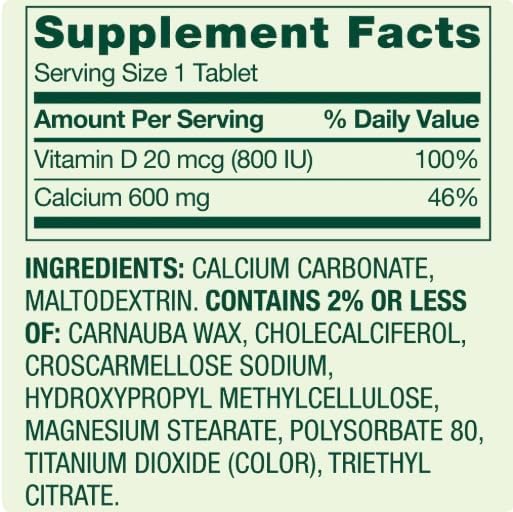 Calcium Plus Vitamin D Tablets Dietary Supplement by Spring - Valley Bone Health VIT D3 20 mcg 600 mg 250 Count.