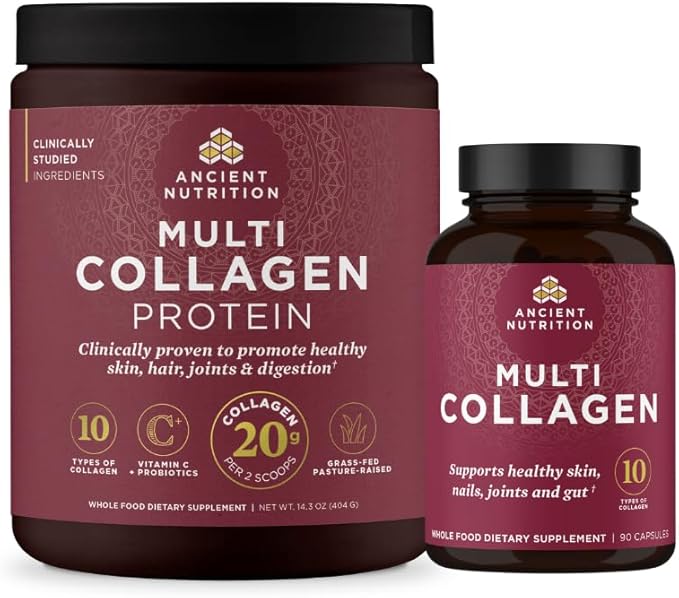 Ancient Nutrition Multi Collagen Peptides Protein Powder Unflavored 40 Servings + Multi Collagen Peptides Protein Capsules 45 Count
