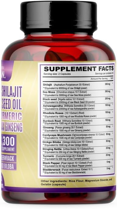 Shilajit Sea Moss Complex – Herbal Dietary Supplement – (2-Pack) 180 Capsules with Turmeric Ginseng &amp Black Seed Oil