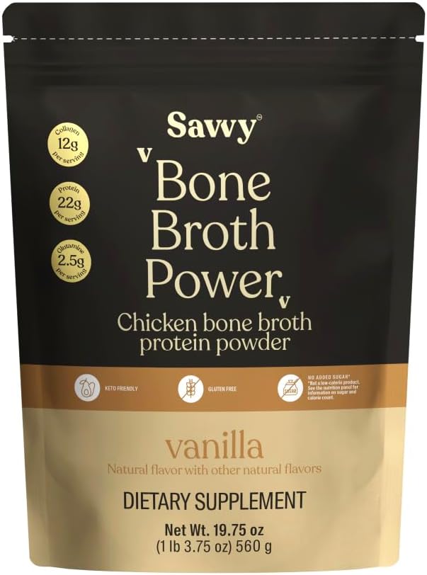 SAVVY Bone Broth Power Vanilla Protein Powder 22g Protein 12g Collagen &amp Recharge Electrolyte Powder Sugar Free Hydration Drink with Sodium Magnesium Potassium Glycine Watermelon Flavor