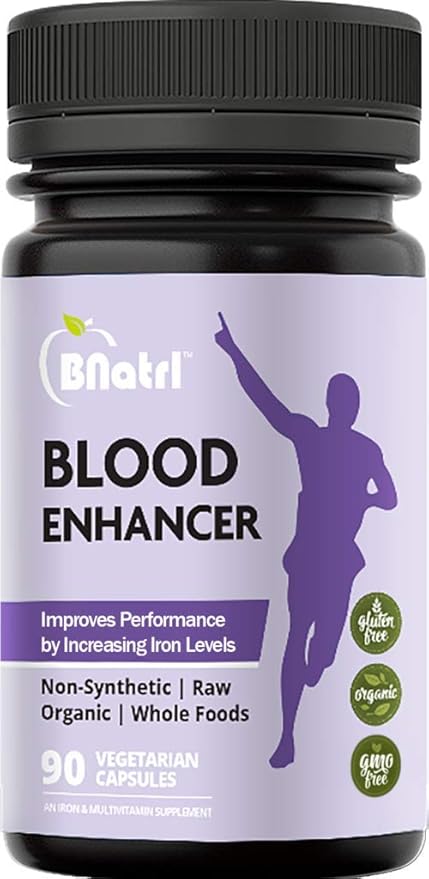 BNatrl Blood Enhancer Organic Iron Supplement Supports Energy Increase Oxygen-Enhances Red Blood Cell Production Without Nausea or Constipation Veggie Capsules Gluten-Free Non-GMO - 90 Capsules