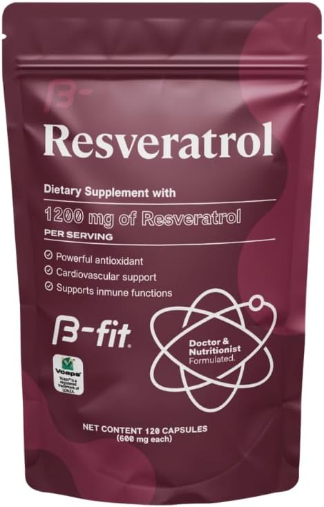B-FIT Resveratrol 1200mg Supplement 120 Vegan Capsules (2-Month Supply) Supports Healthy Aging Gluten-Free and Preservative-Free Vegan Keto Paleo 100% Pure