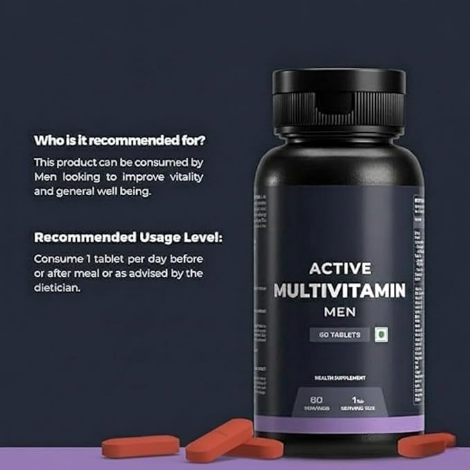 Active Multivitamin for Men - 60 Tablets | 25 Vital Vitamins &amp Minerals with Zinc Vitamin C D and B12 | Enhances Energy Stamina &amp Immunity