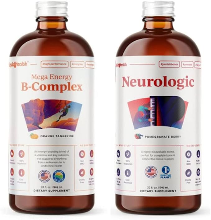 LIQUIDHEALTH Mega Energy B-Complex &amp Neurologic Nootropic Liquid Supplement Bundle for Adults - Increase Natural Energy Levels Improve Memory Alertness &amp Focus Boost Mood - Vegan Non-GMO