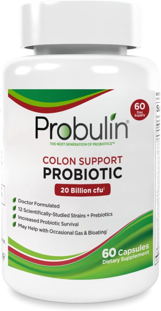 Probulin Colon Support Probiotic Supplement Daily Gut Digestive and Immune Health Probiotics Capsules for Men and Women 20 Billion CFU Vegan 60 Count Bottle