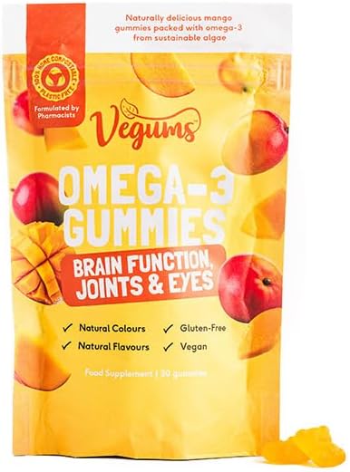 Vegums Fish-Free Omega-3 Gummies - 60 Orange-Flavored Algae-Based Omega-3 (DHA) &amp Vitamin E Supplement for Kids &amp Adults - Vegan &amp Vegetarian Friendly