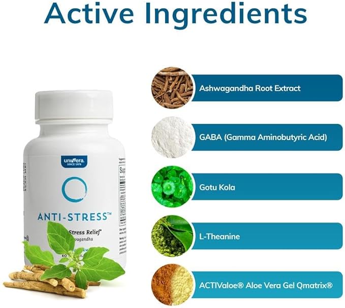 Univera Anti-Stress Stress Relief Supplement Ashwagandha GABA L-Theanine &amp Gotu Kola 60 Count Capsules