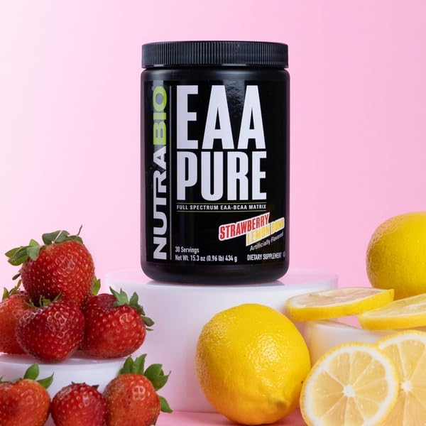 NutraBio – EAA Pure – 9 Amino Acids – Muscle Repair and Recovery 30 Servings Strawberry Lemon Bomb – Pre or Post Workout – All Day Recovery