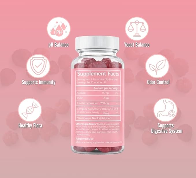 Probiotics for Women Gummies with Raspberry – 6 Premium Strains for pH Balance Digestive Health Vaginal &amp Immune Support 3 Billion CFU Women's Probiotic Gummy for Feminine Health – 60 Gummies