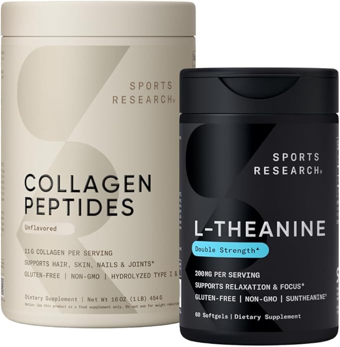 Sports Research Collagen Peptides Hydrolyzed Type 1 &amp 3 Powder Protein Supplement Easy Mixing Vital Nutrients &amp Proteins and Double Strength L-Theanine Supplement for Focus Relaxation &amp A